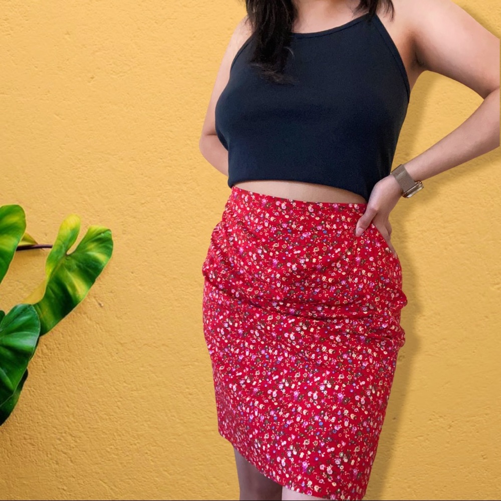 SOLD // Vintage 70s red floral midi skirt